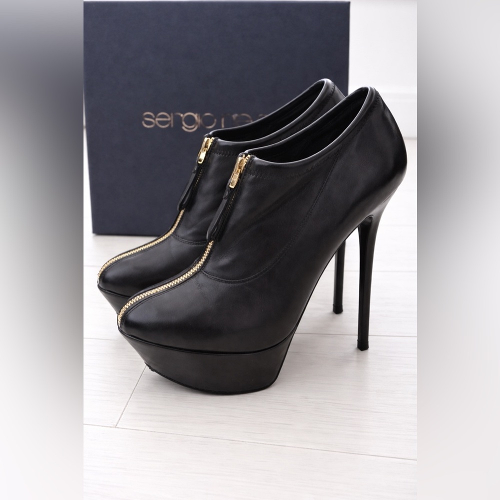 Sergio Rossi Black Leather Platform Zip Ankle Pumps with Gold Hardware